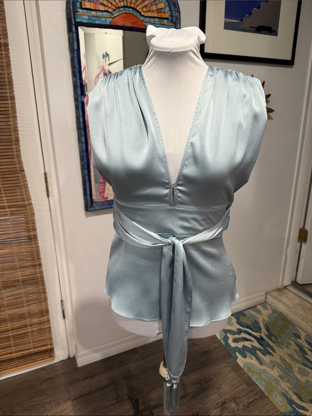 Naked Zebra Pale Blue Satin-Feel Tie-Waist Wrap Blouse